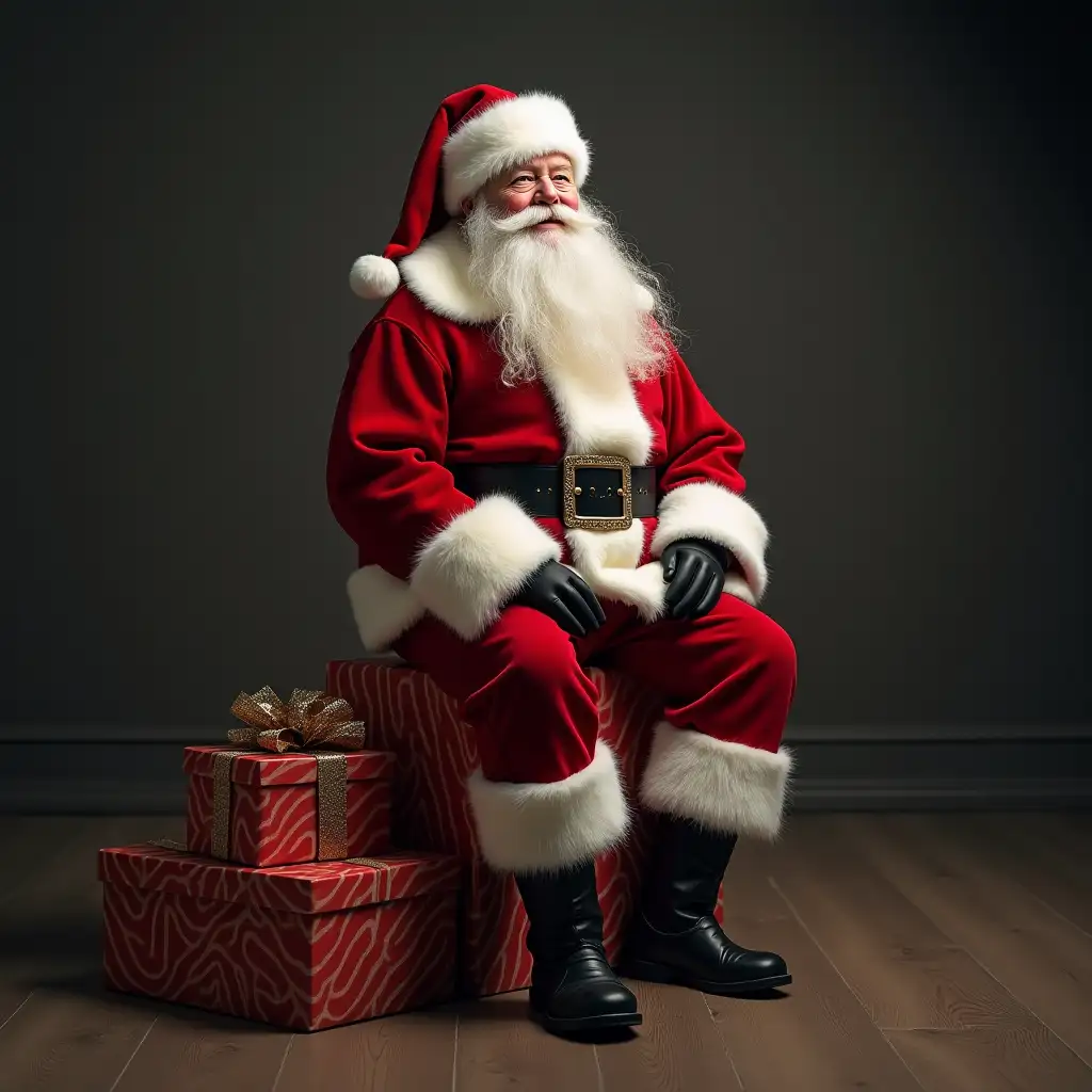 ULTRA REALISTIC IMAGE OF SANTA SITTING ON A GIFT BOX