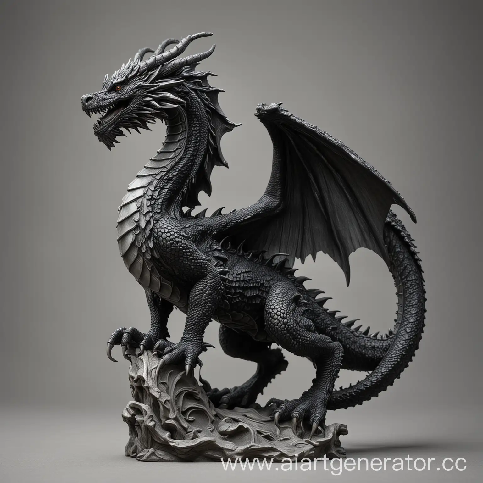 Majestic-Black-Dragon-Statue-on-Gray-Background