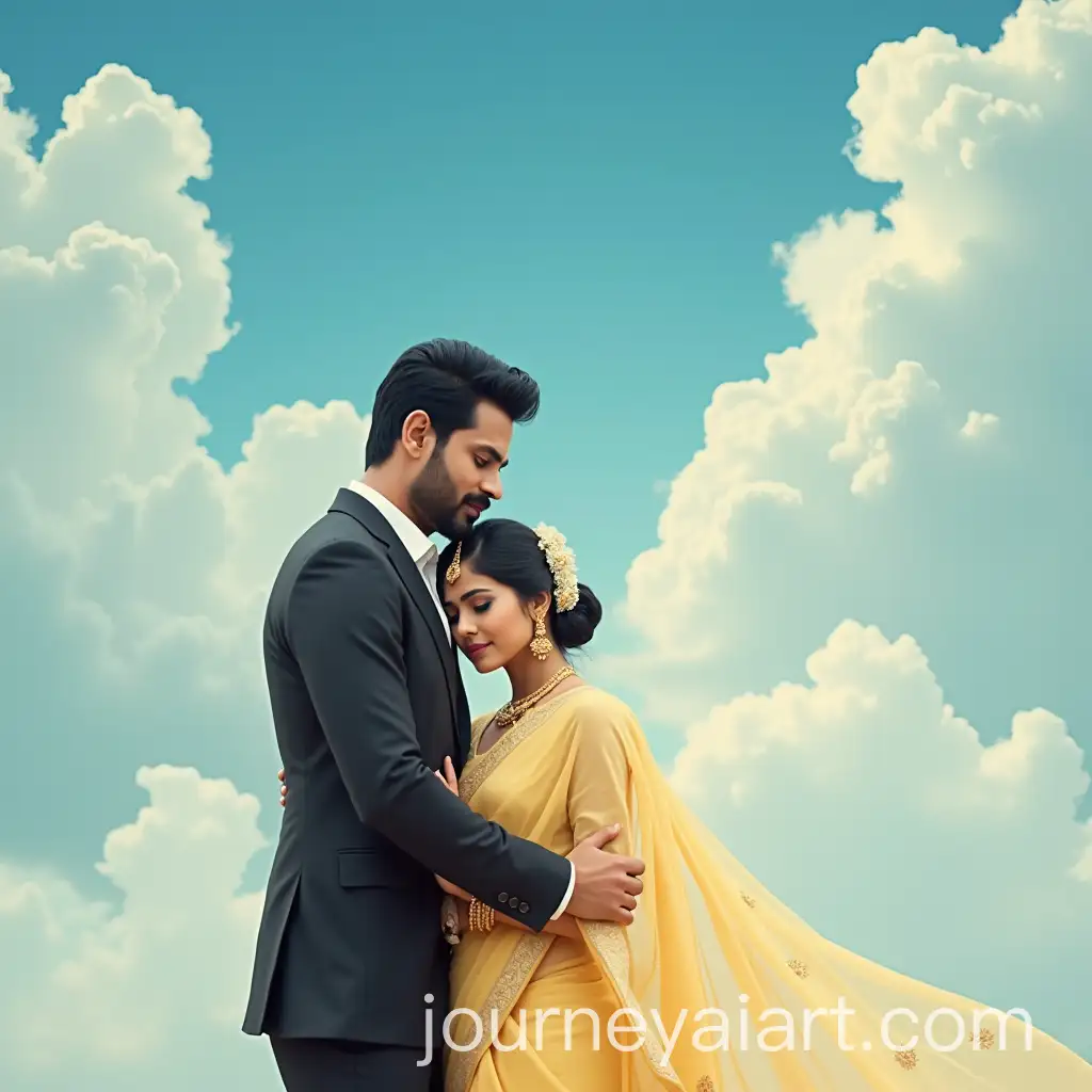Romantic-Couple-in-Traditional-and-Modern-Attire-Under-a-Dreamy-Sky