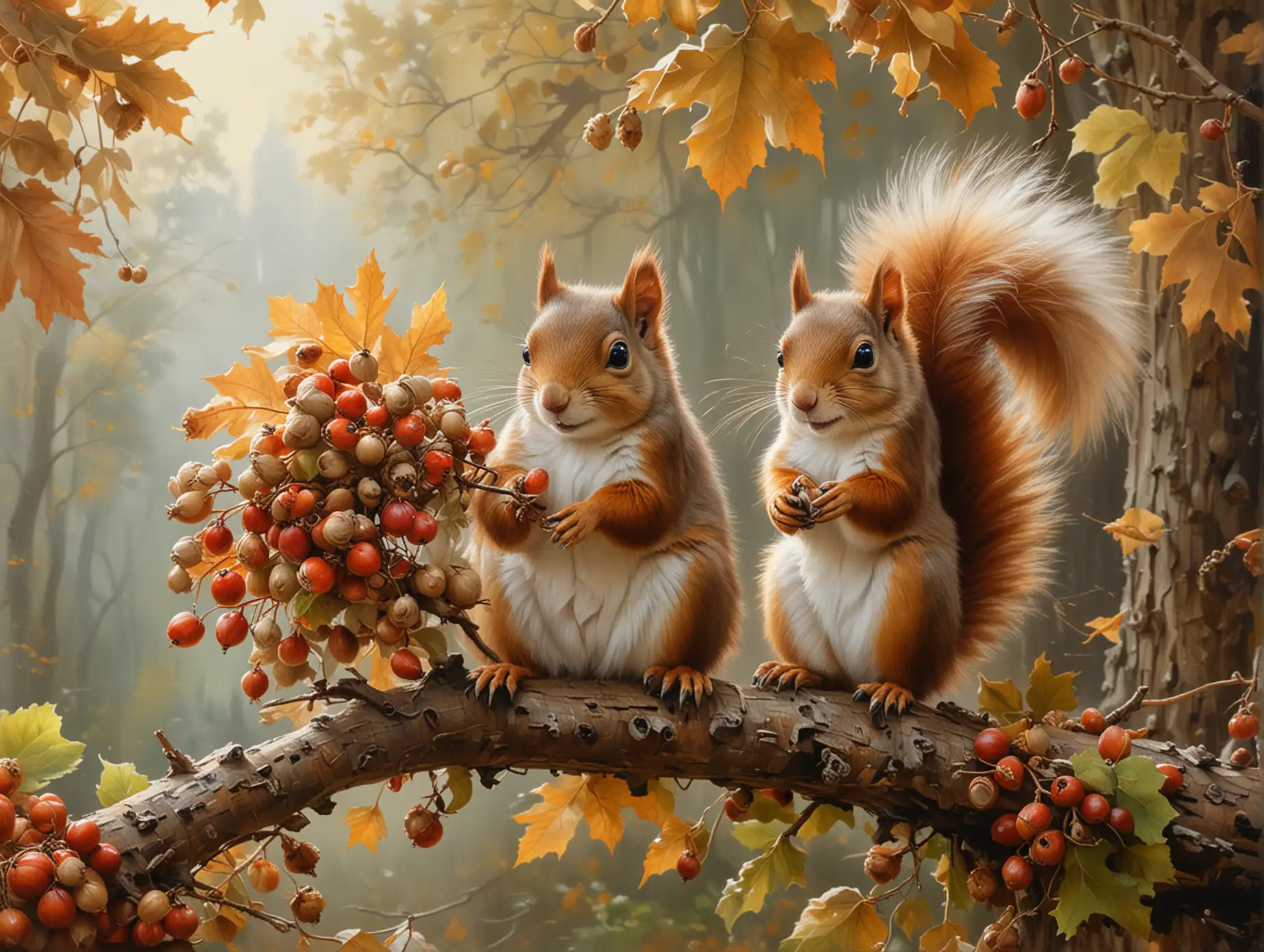 masterpiece of oil painting. naturalism. figurativism. fluffy autumn squirrel on a branch harvesting hazelnuts. soft morning light through foliage. morning mist. masterpiece of world painting. fine details. visibles brushstrokes. noticeable canvas. premium painting