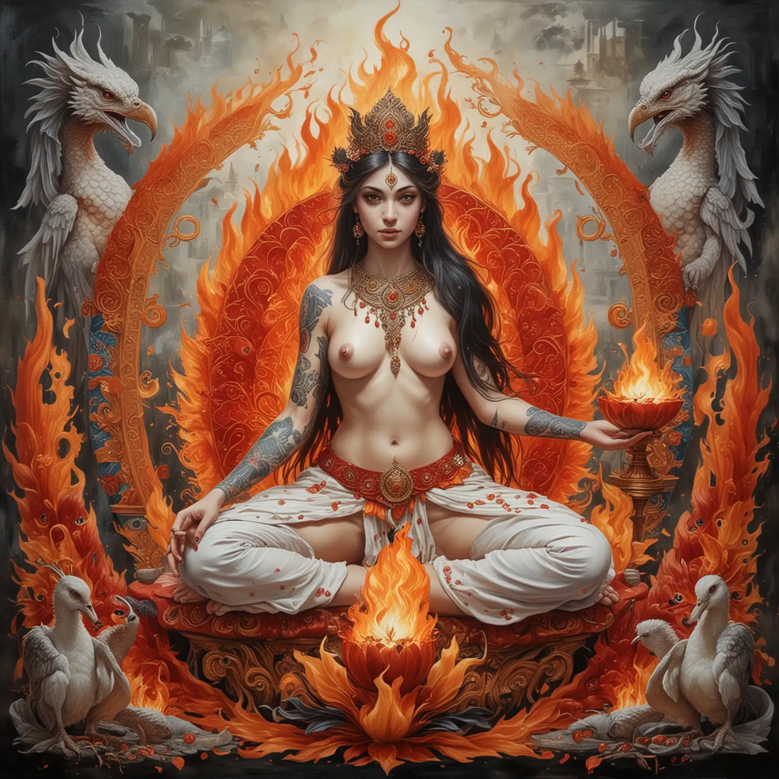 Beautiful Adolescent Empresses Enigmatic Sorceresses Surrounded by Fire and Dragons