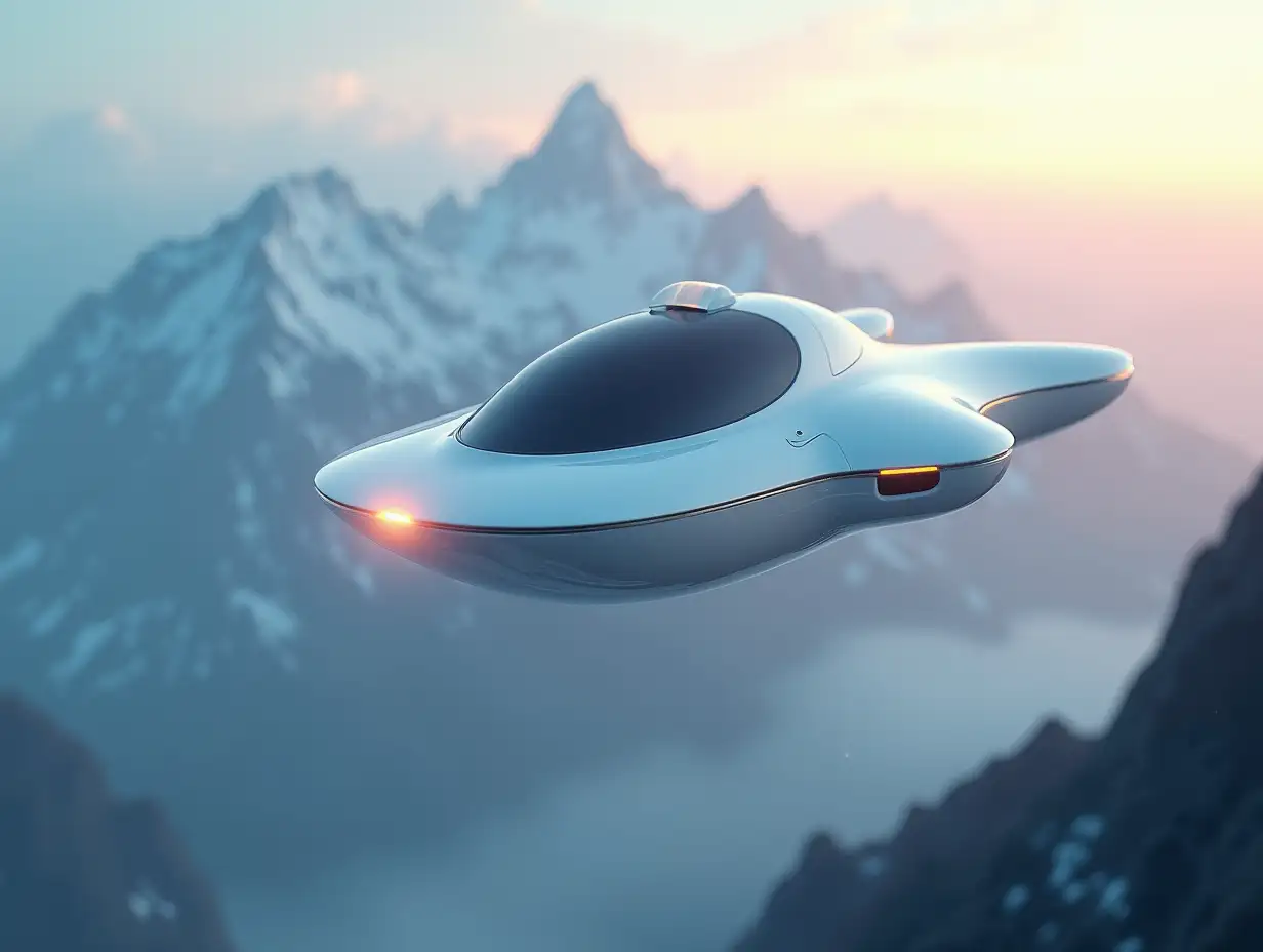 A small spaceship white-o color, gleaming aluminum, with glowing headlights, glass, windshield flies close over mountains, with light fog 4k resolution colorful