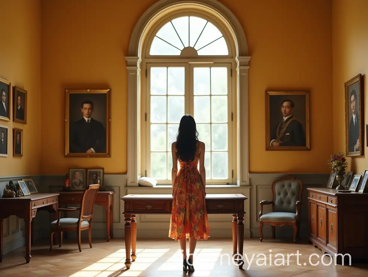 Elegant-Thai-Woman-in-a-Pale-GoldenYellow-Neoclassical-Palace-Hall-with-Vintage-Family-Photos