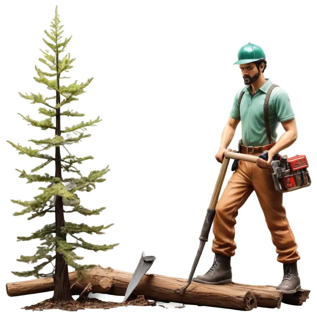 A hyper-realistic, cinematic close-up of miniature forestry experts professionally applying various silvicultural operations using oversized hand-held forest management tools. The tiny experts, dressed in elegant forester uniforms, stand on ladders, scaffolding, and toolboxes, carefully felling, sawing, applying vibrant wood stains, and perfecting intricate carvings with ultra-fine chisels. Each movement is precise, creating a mesmerizing, surreal yet highly detailed and artistic transformation. The tree’s timber glows flawlessly under soft, natural lighting, highlighting the beauty of sustainable craftsmanship.