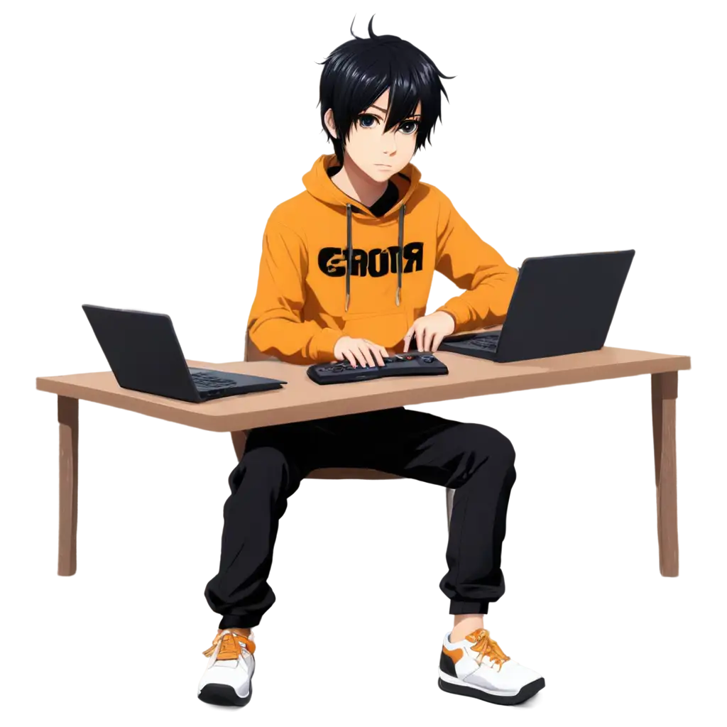 Emo-Anime-Boy-Wearing-Onesie-Sitting-at-Desk-Holding-Controller-PNG-Image