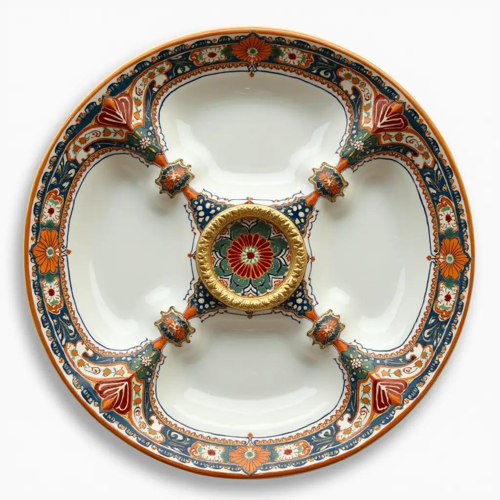 Three divided circle ceramic tray plate with embossed beautiful ceramic handle, Underglaze painting on white body, Fine art, Hyper detailed, Antique and old, Qajar art, Iranian Tabriz carpet design