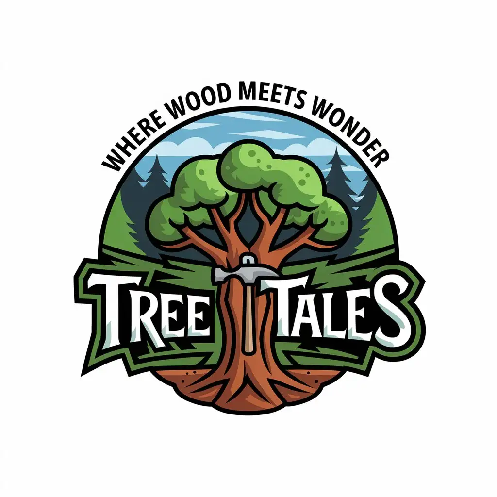 LOGO Design for TreeTales Vector Logo with Hammer and Forest Theme