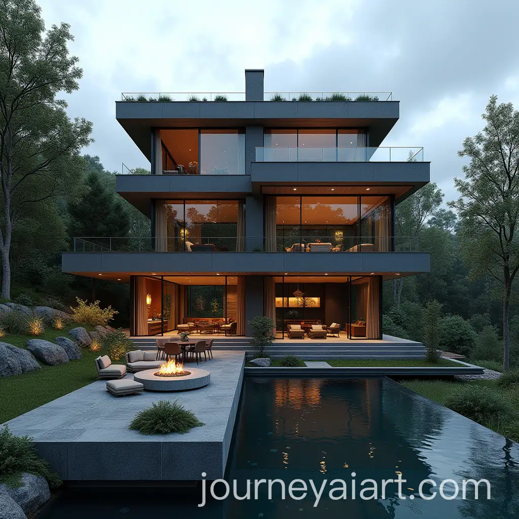 Modern-ThreeStory-Villa-with-Glass-Pool-and-Fire-Pit-Surrounded-by-Lush-Trees-and-Landscaping