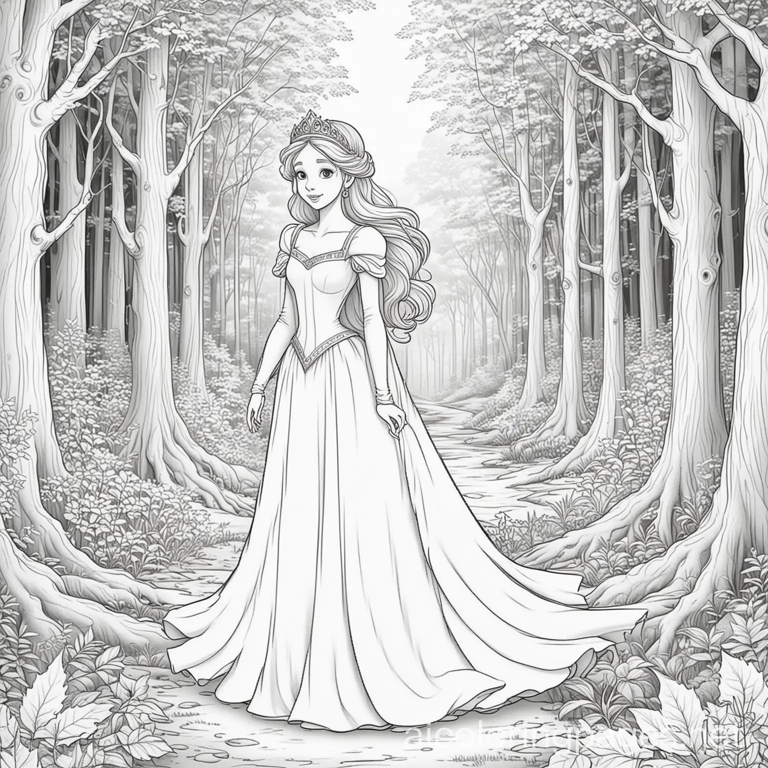 Princess-in-Enchanted-Forest-Coloring-Page