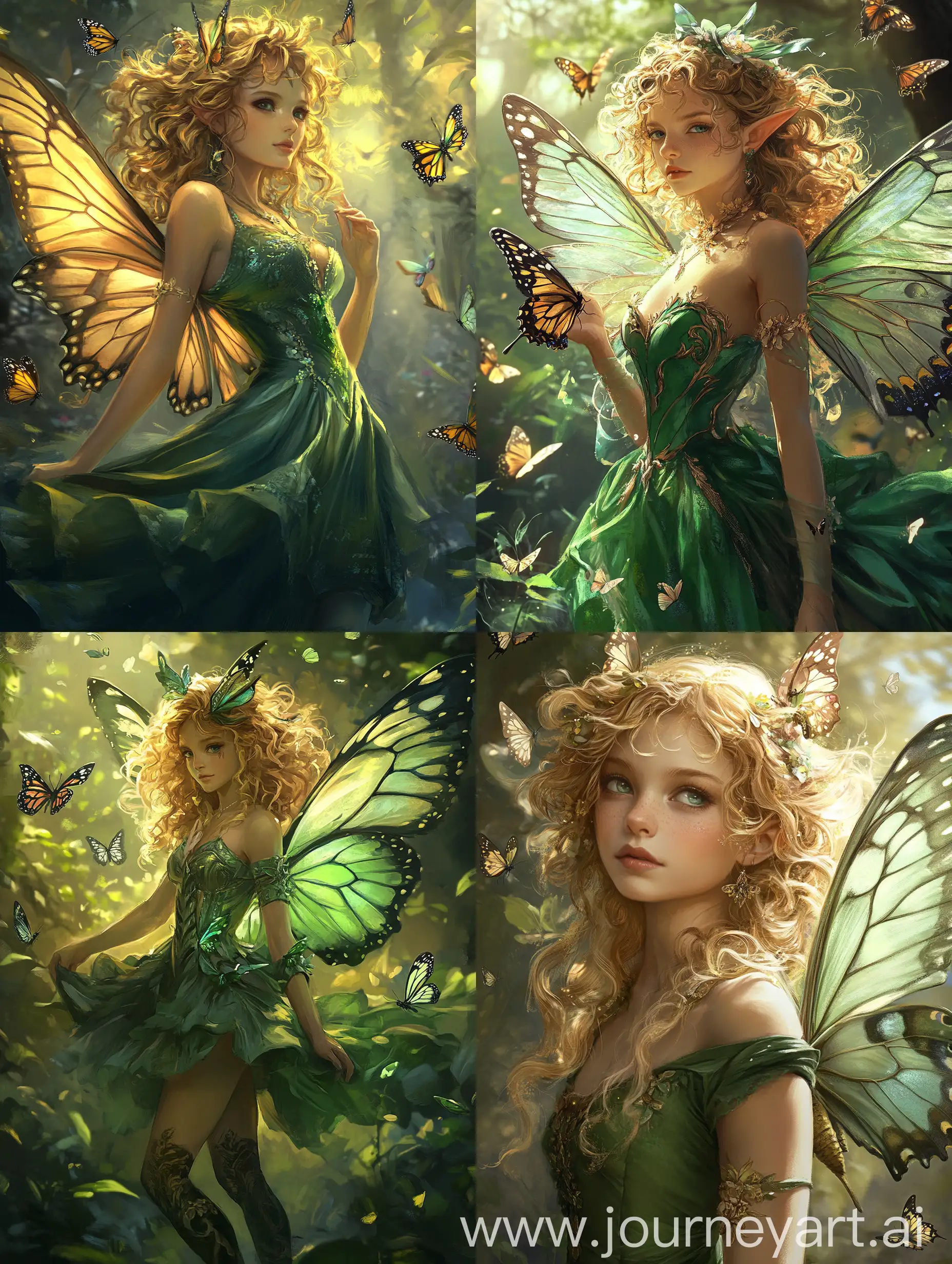 Fairy-Girl-with-Butterfly-Wings-and-Curly-Blonde-Hair-in-Green-Dress