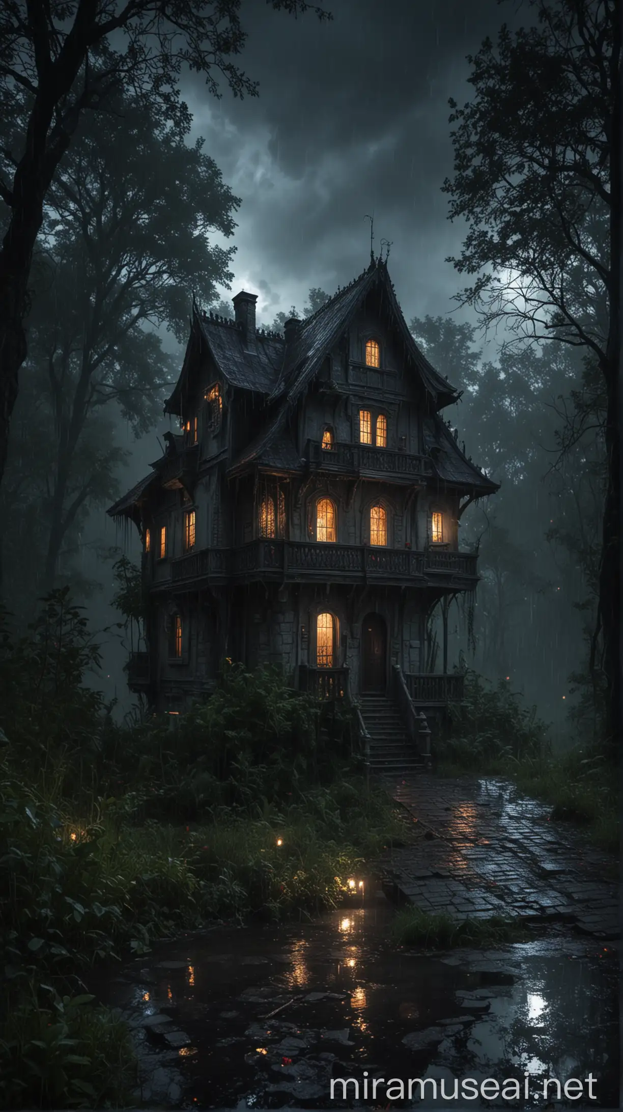 Mysterious Vampire House in a Rainy Forest at Night