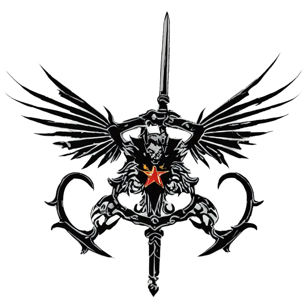 Vectorized-Coat-of-Arms-PNG-Image-Two-Swords-Pentagram-and-Demon-in-Black-Red-and-White-Colors