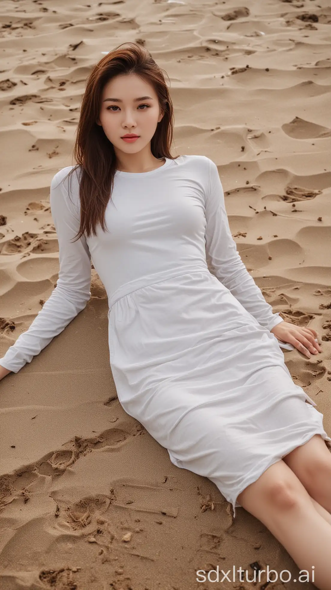 Chinese-Beauty-in-Winter-Dress-Lying-on-a-Rainy-Sunset-Beach