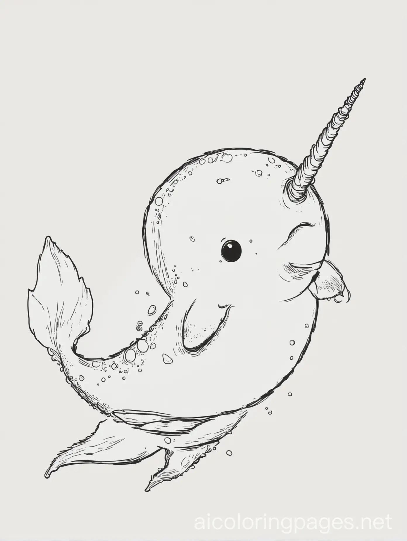 Baby narwhal playing, Coloring Page, black and white, line art, white background, Simplicity, Ample White Space. The background of the coloring page is plain white to make it easy for young children to color within the lines. The outlines of all the subjects are easy to distinguish, making it simple for kids to color without too much difficulty