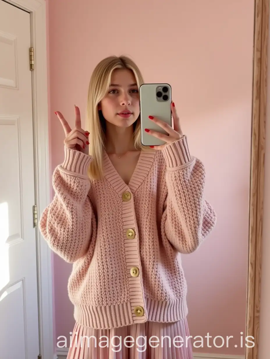 Teen-Girl-in-Pastel-Pink-Cardigan-and-Pleated-Skirt-Taking-Mirror-Selfie