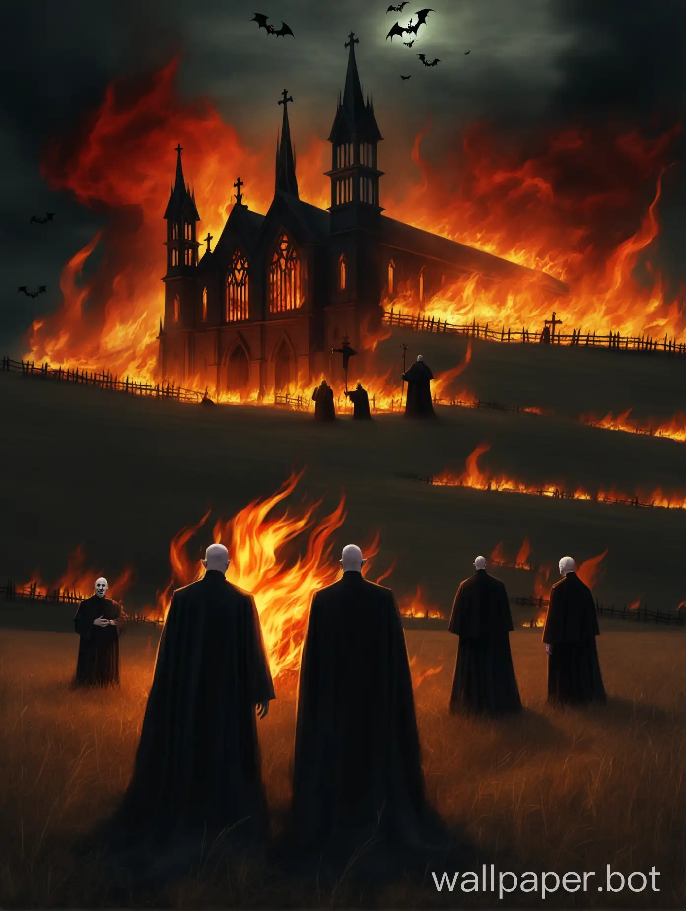 3 evil priests on an open field with fire and demons, haunted church in the background