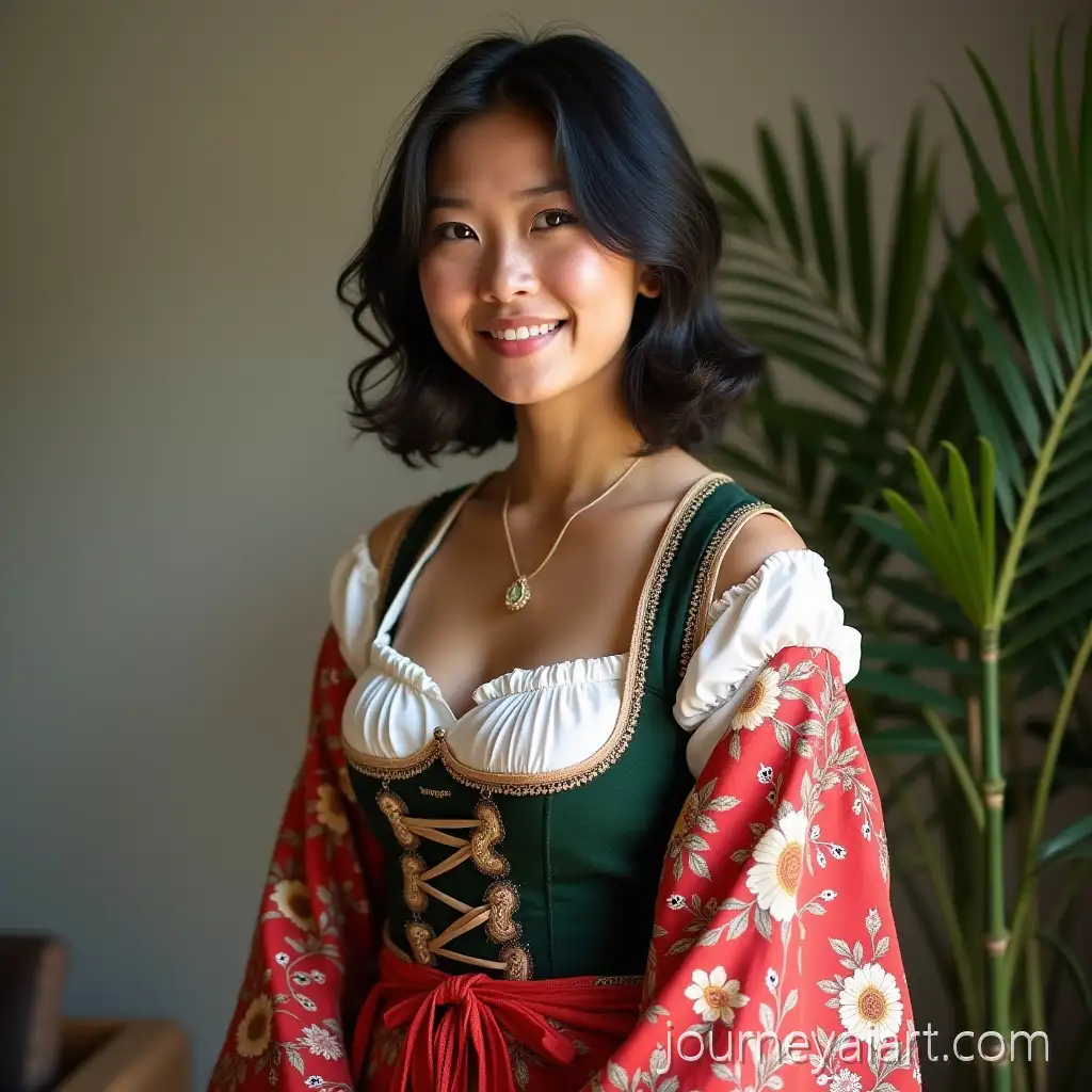 Japanese-Woman-of-Hawaiian-Descent-in-a-Unique-KimonoInspired-Bavarian-Dirndl