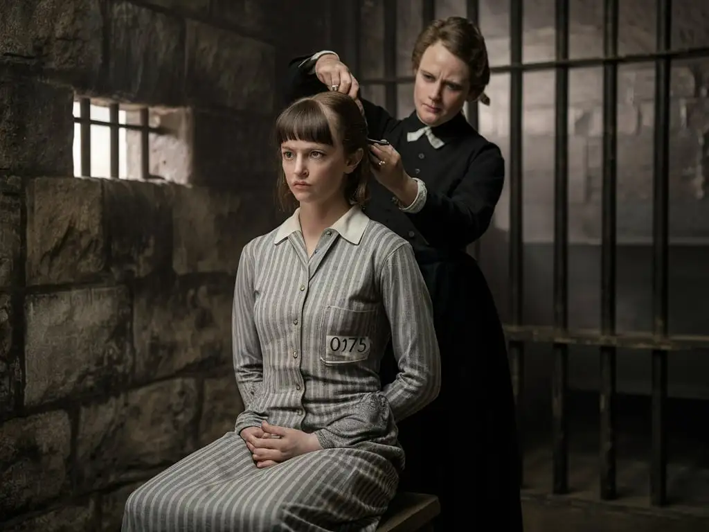 Prisoner Woman Getting Haircut by Female Prison Guard in 1800s Texas Jail