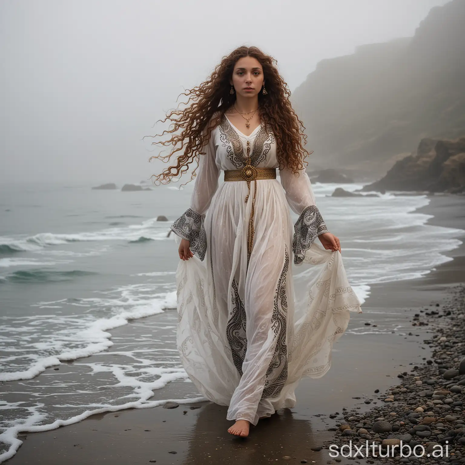 Graceful-Minoan-Priestess-in-Foggy-Shoreline-with-OctopusAdorned-Dress