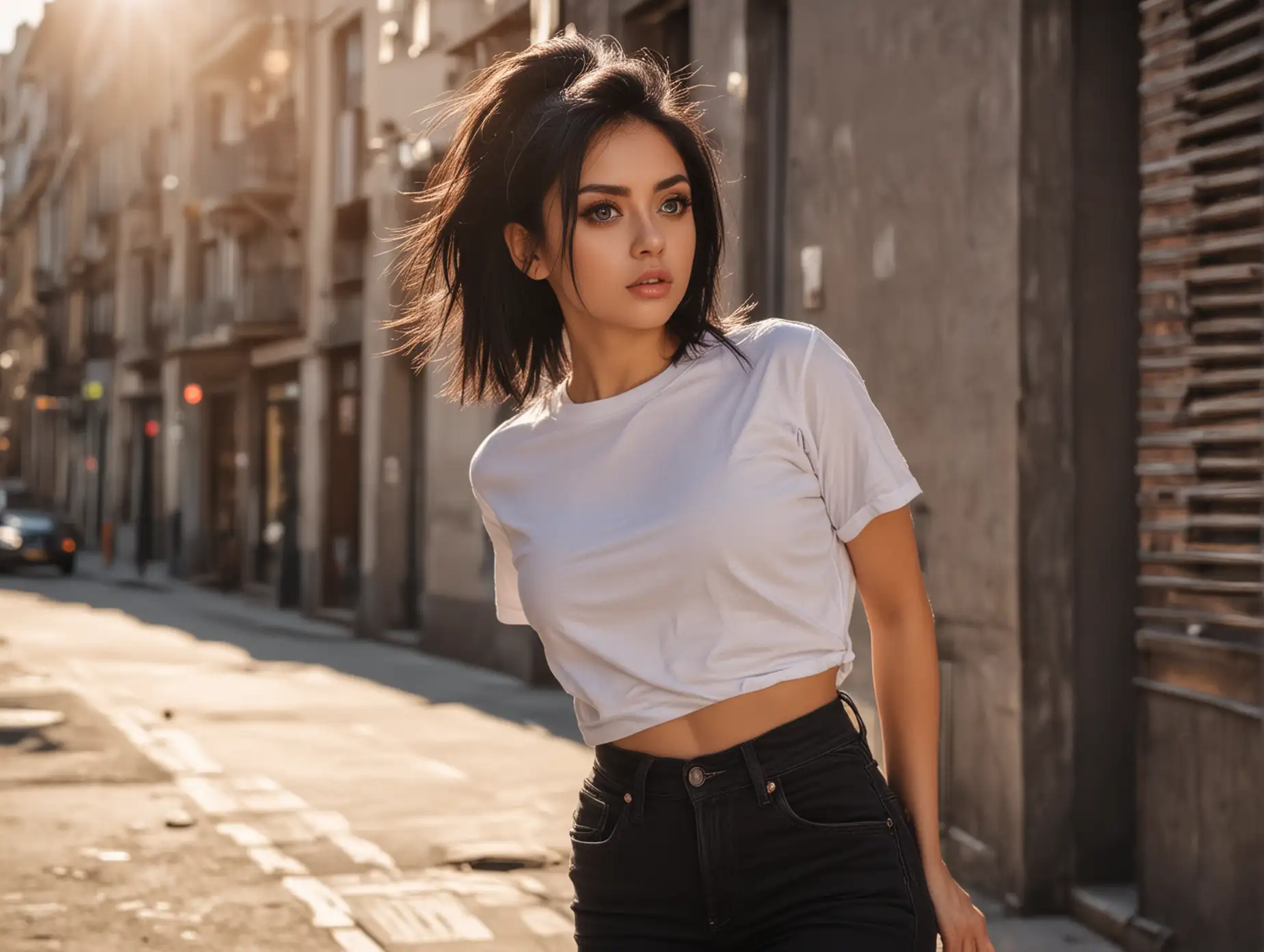 Serious-Girl-with-Upswept-Hair-in-Urban-Sunset-Scene