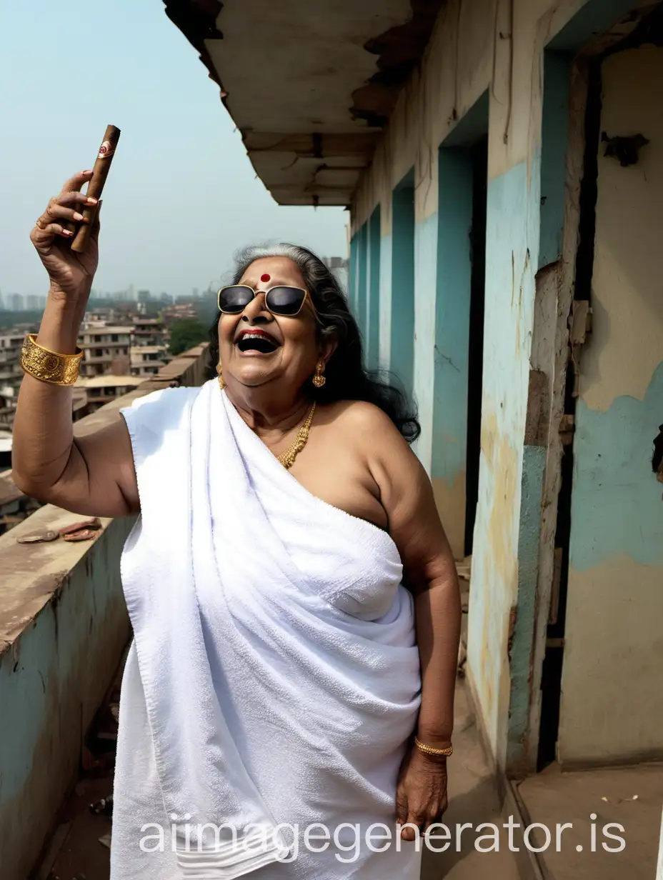 Indian-Curvy-Woman-Laughing-with-Cigar-and-Gold-Jewelry-on-Terrace-at-Sunset