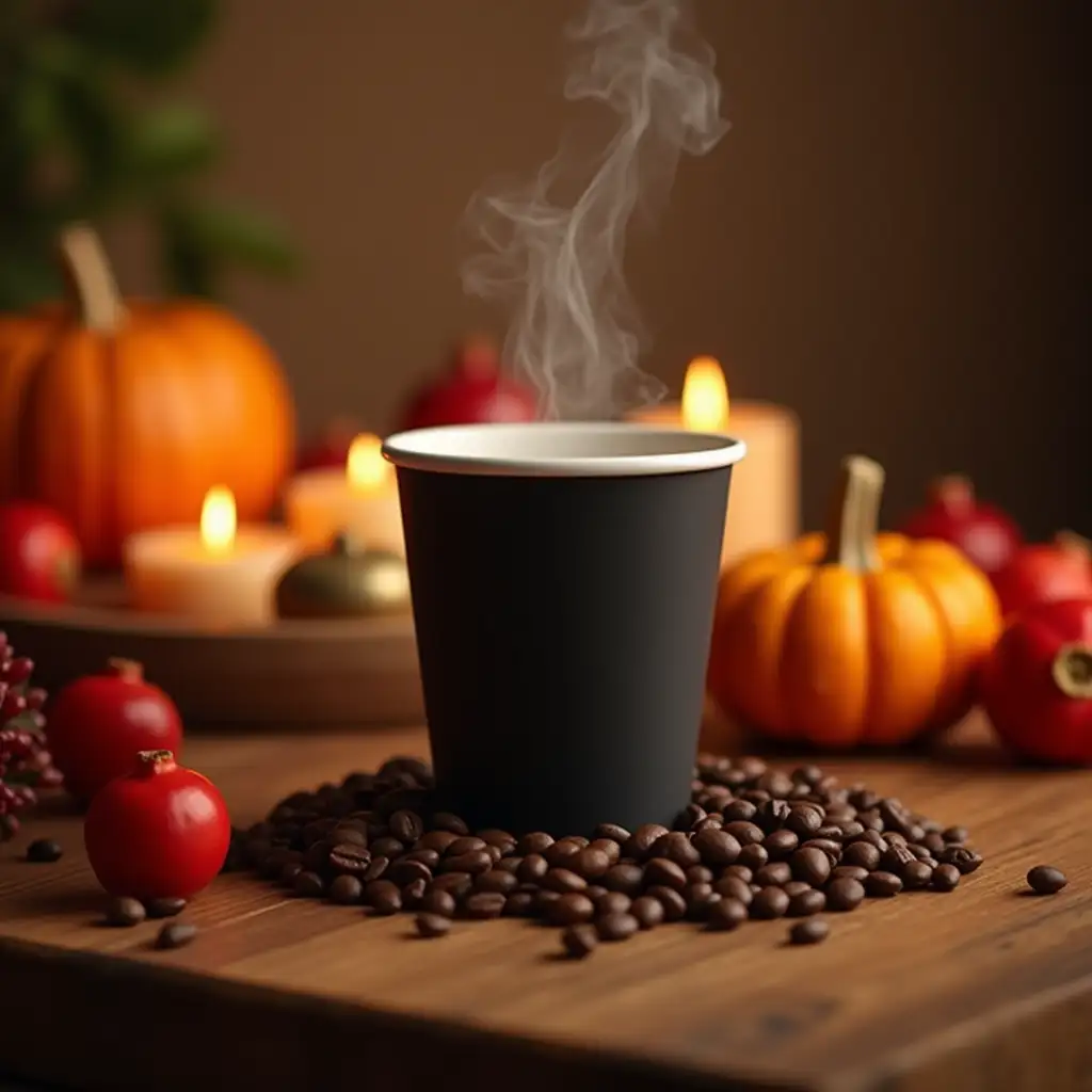 A warm and festive Yalda Night Instagram post for a coffee shop. The image features a close-up view of a wooden cafe table with a black paper coffee cup emitting gentle steam. Scattered coffee beans add a cozy touch to the scene. Around the coffee cup, traditional Yalda Night decorations are arranged: bright red pomegranates, a vibrant orange pumpkin, glowing candles, and festive Iranian Yalda table elements. The background is softly blurred in warm cream and brown tones, complementing the wooden aesthetic. The lighting is warm and inviting, perfect for showcasing the charm of a Persian Yalda night celebration.