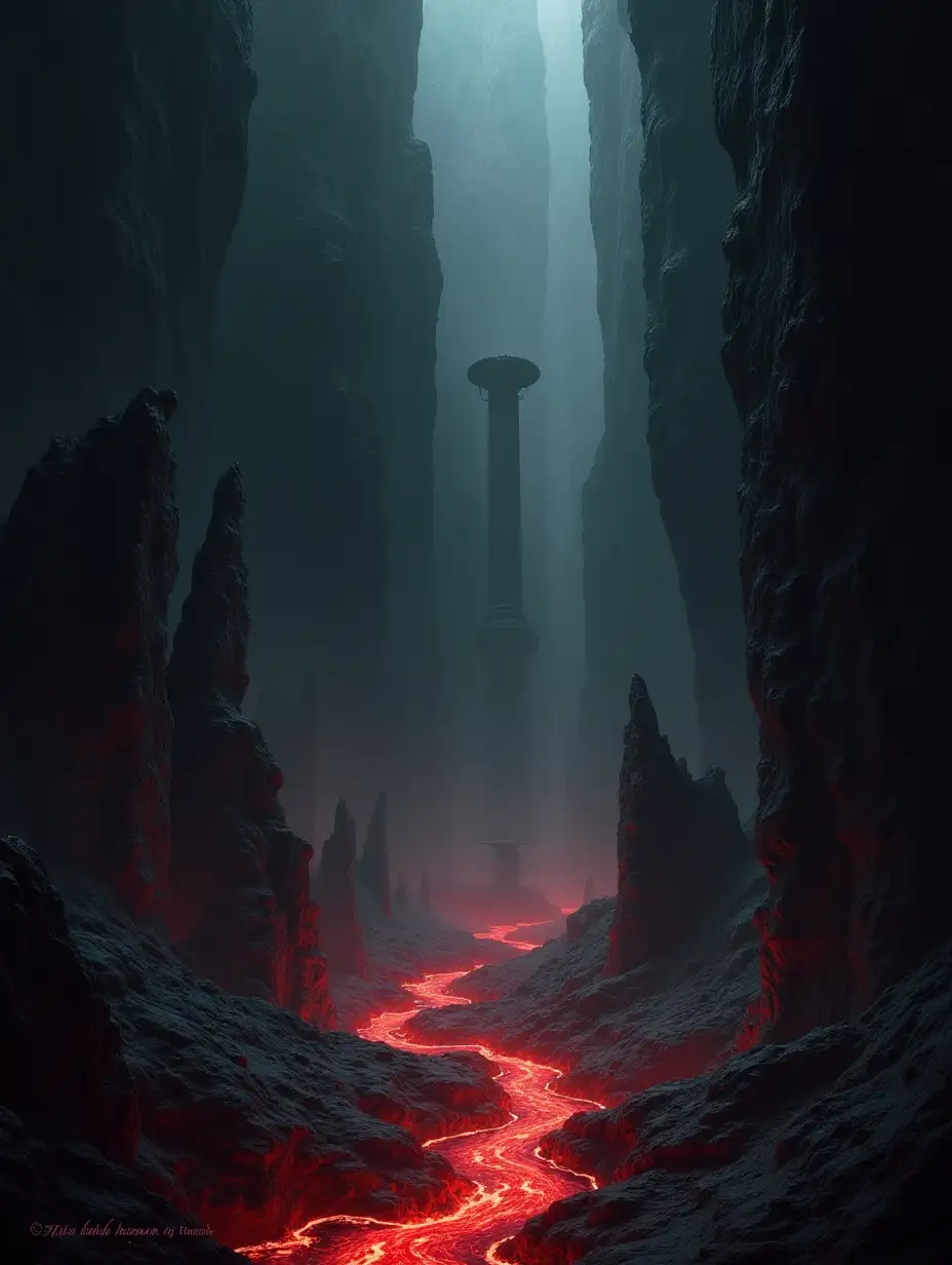 A dark and ominous depiction of Tartarus, the deep abyss from Greek mythology. The scene shows a vast, cavernous underworld shrouded in shadows and illuminated by faint, eerie red and black glows. Jagged rock formations rise and fall, creating a sense of endless depth and despair. Chains and broken pillars litter the environment, symbolizing imprisonment and suffering. The air appears thick and suffocating, with swirling mist and molten rivers of lava cutting through the darkness. The atmosphere is foreboding, desolate, and filled with an aura of eternal torment