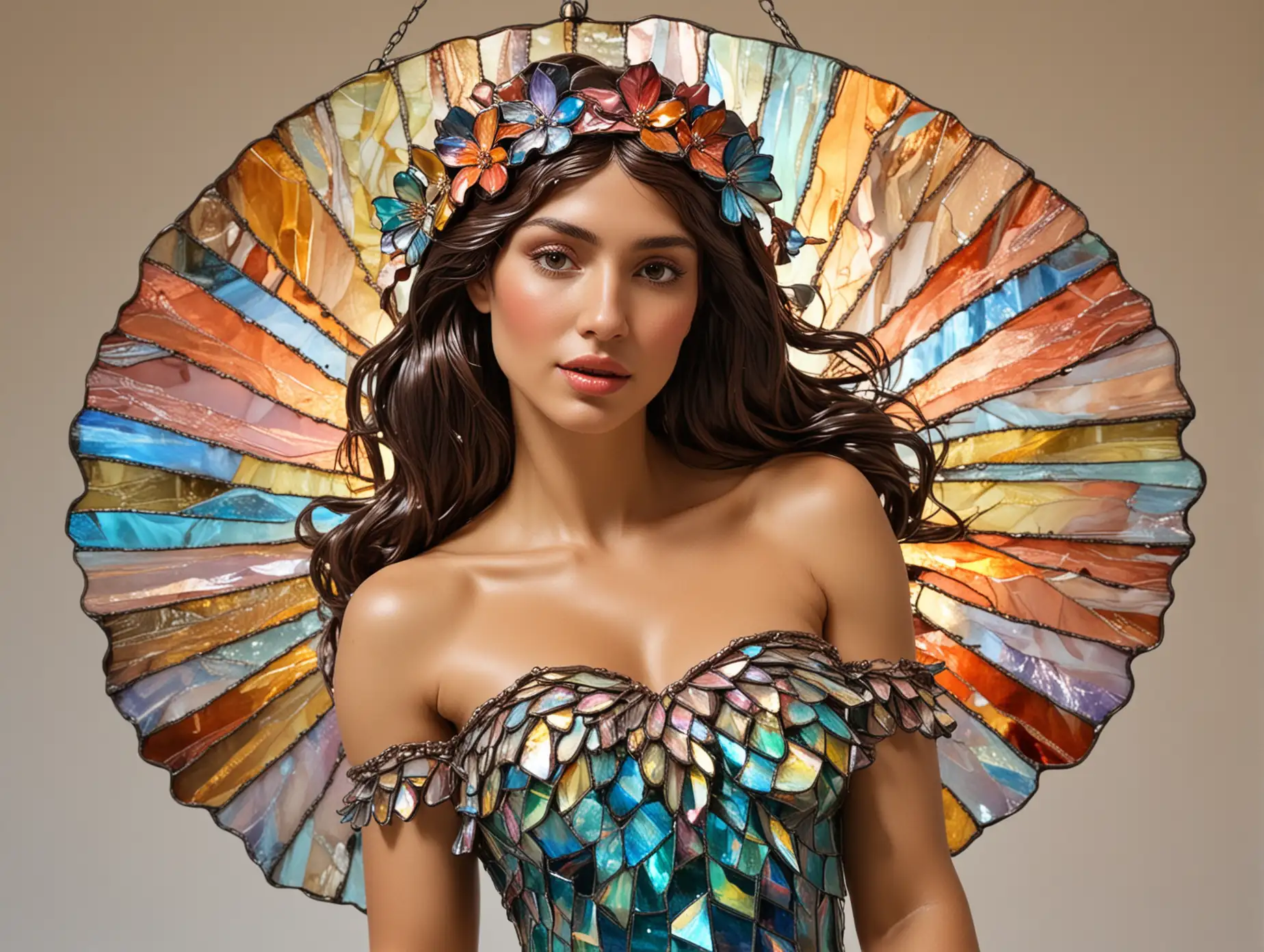 Stained bright iridescent glass art of naked argentine woman wearing pollera. 