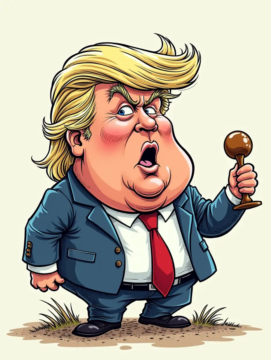 Draw a cartoon of Donald Trump, in the style of Keep On Truckin' by Robert Crumb