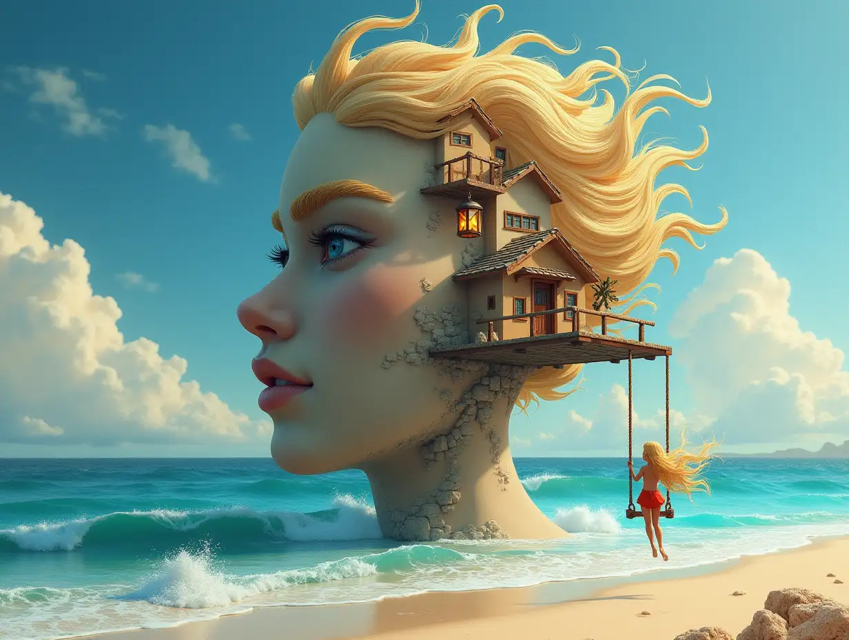 Face with hair transforms into a tall building with a terrace, lantern and hanging swing with a fairy at the beach with big waves and clouds