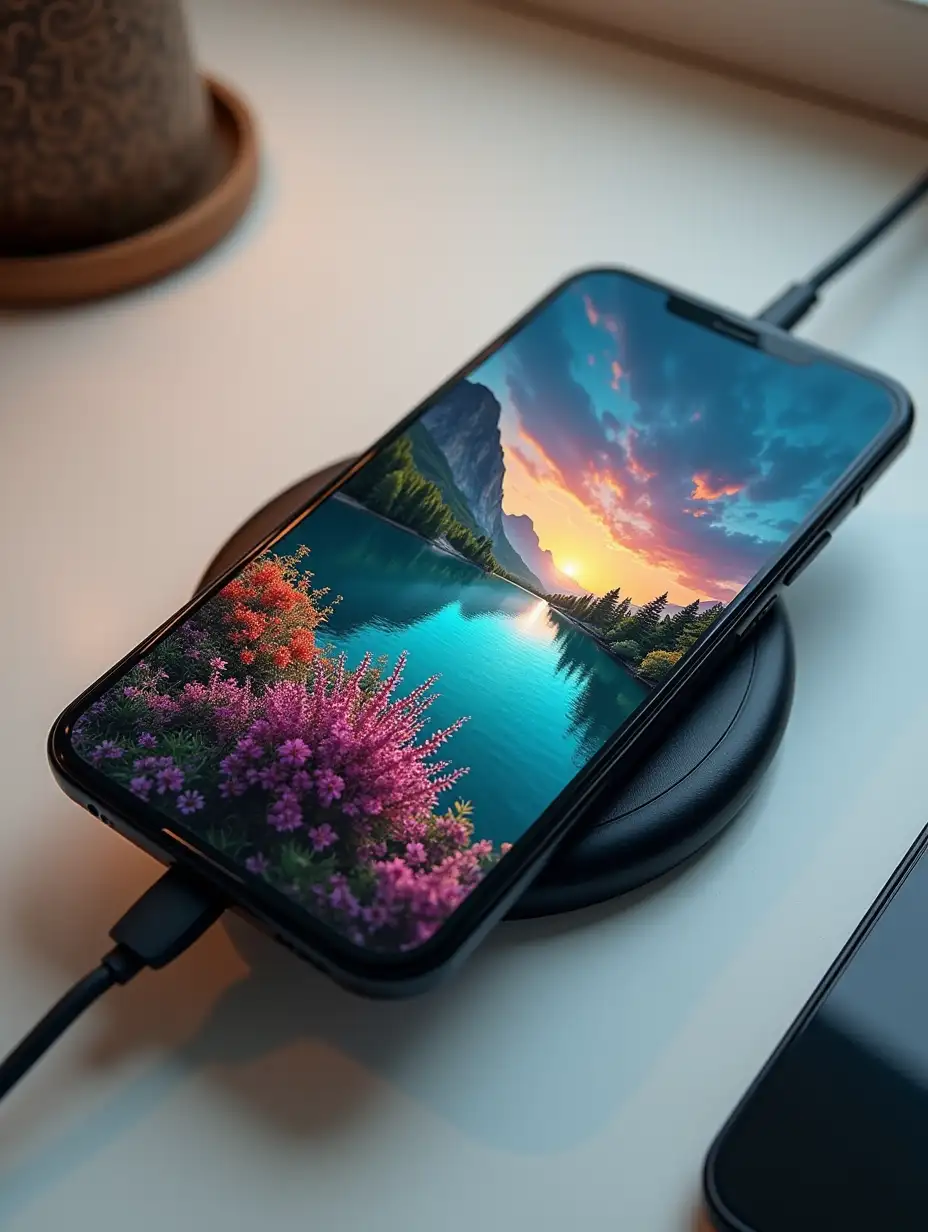 A phone connected to a wireless charger, the screen displays a livewallpaper of a beautiful landscape vibrant and colorful including different natural beauty like a garden of eden