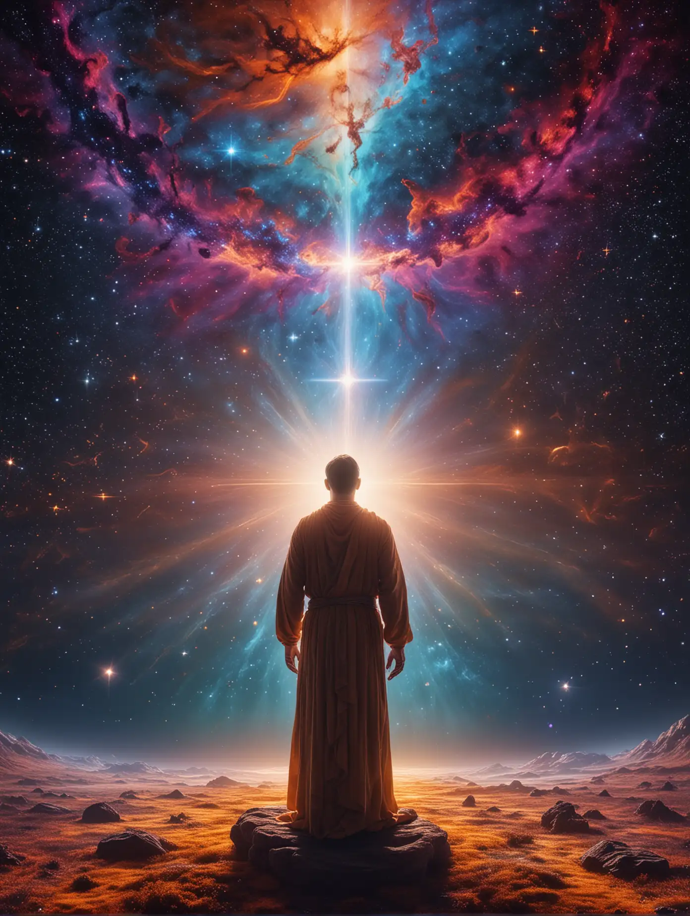 A tranquil environment where a divine figure stands representing the presence of God. The vivid colors surrounding the divine figure create a rich, contemplative atmosphere. The divine figure is bathed in a soft, otherworldly light, enhancing the calm and stillness of the scene. The super wide lens captures the expansive cosmos and the depth of the divine presence in 8k resolution.