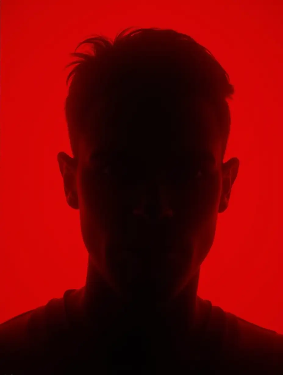 on a red background with lighting silhouette of a male head, looking at the viewer