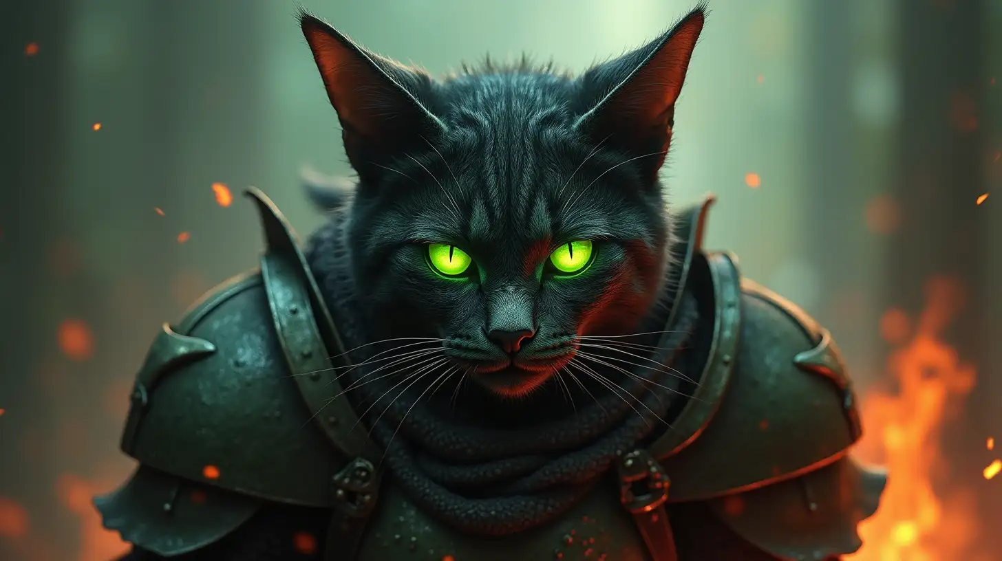 Medieval Cat Demon Zombie Warrior with Burning Green Eyes