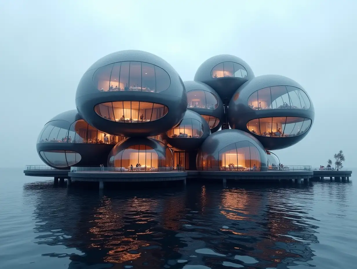 A futuristic multi-story house made of many hollow illuminated glass balls and black wood lies on the water