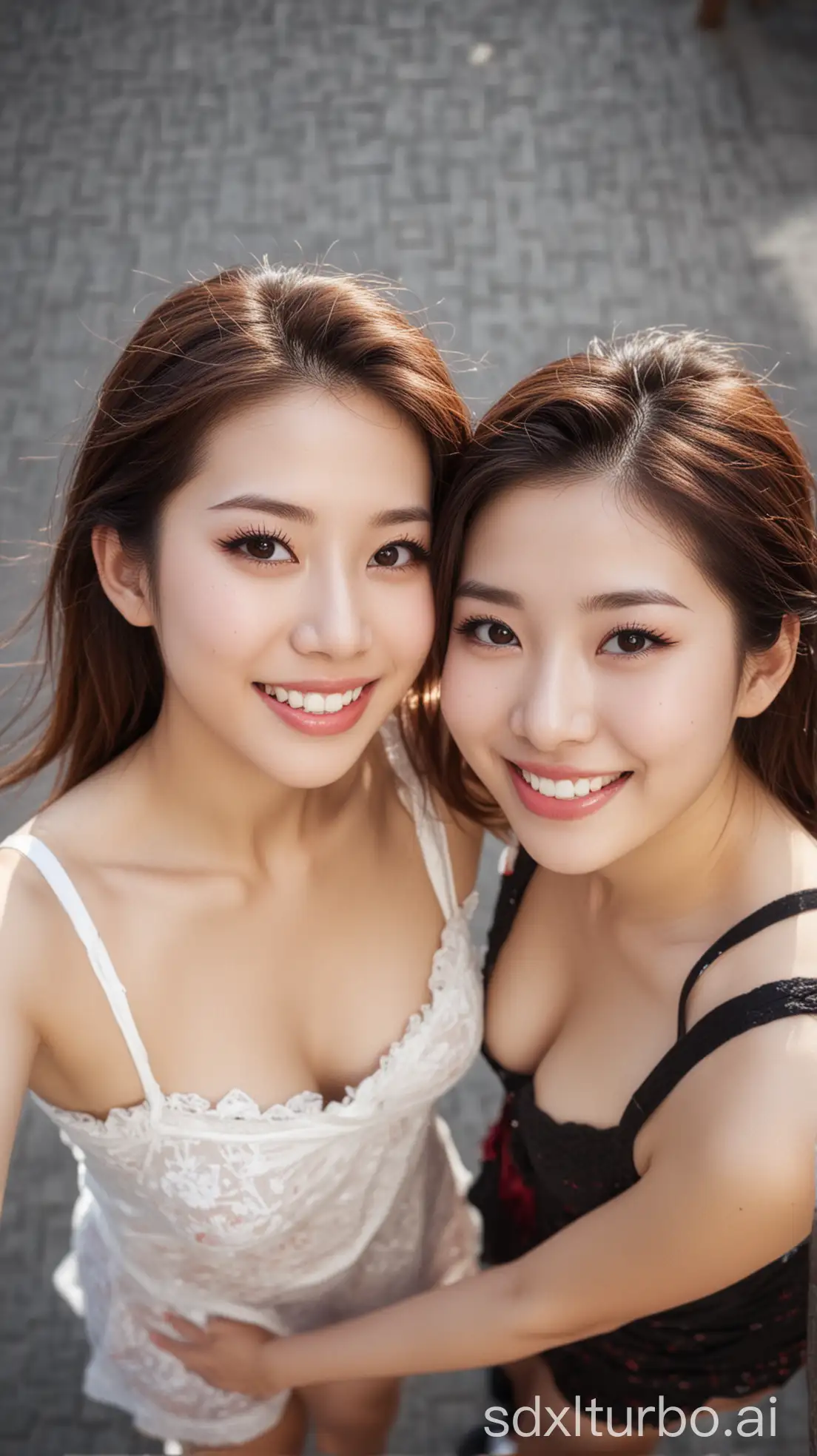 Two-Chinese-Beauties-Smiling-and-Making-Cute-Actions-in-Morning-Tourist-Area