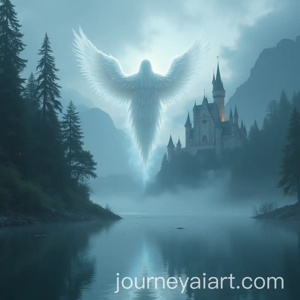 Ethereal-Spirit-Hovering-Over-a-Mystical-Lake-with-Enchanted-Castle