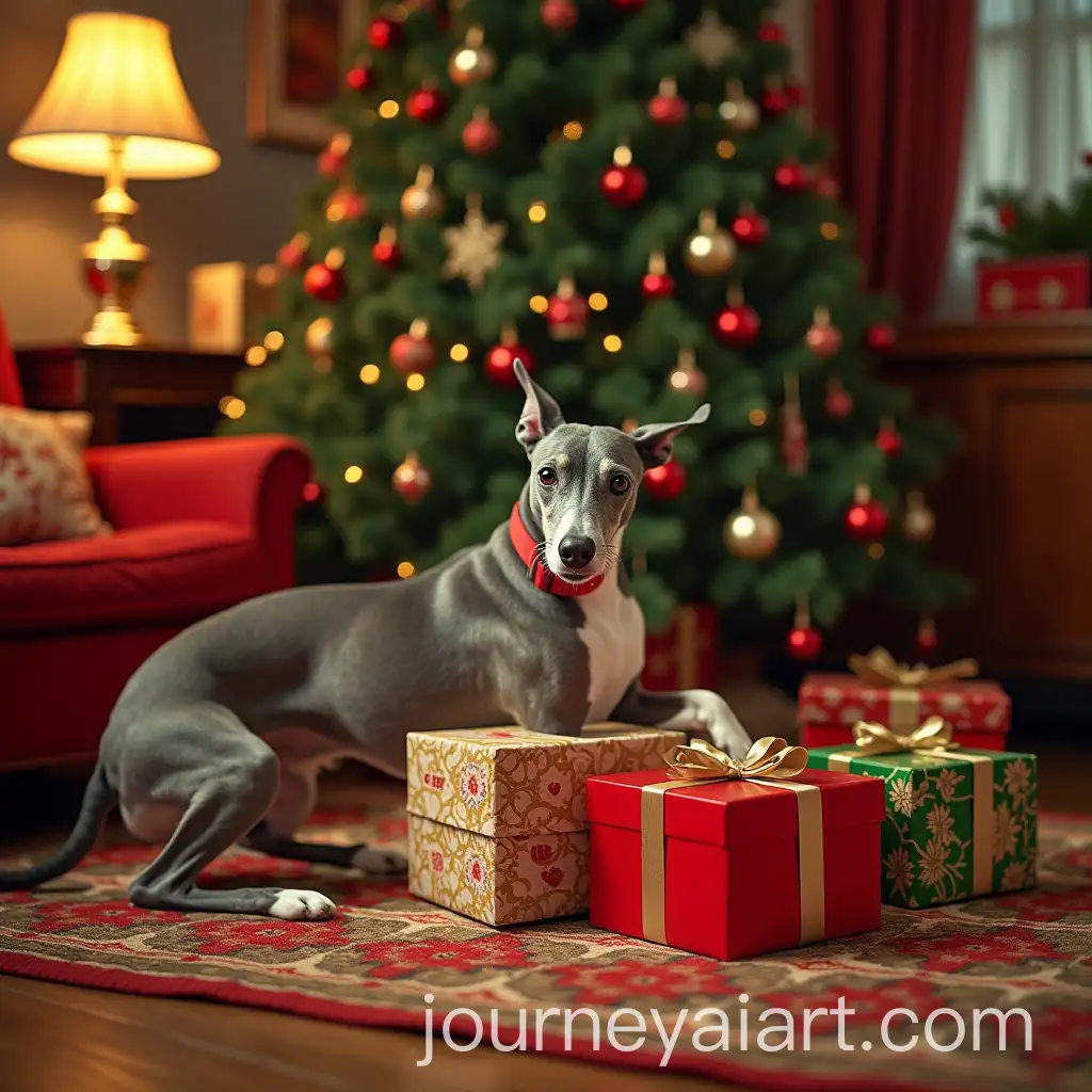1950s-Greyhound-Playfully-Interacting-with-Christmas-Gifts-Under-a-Festively-Decorated-Tree