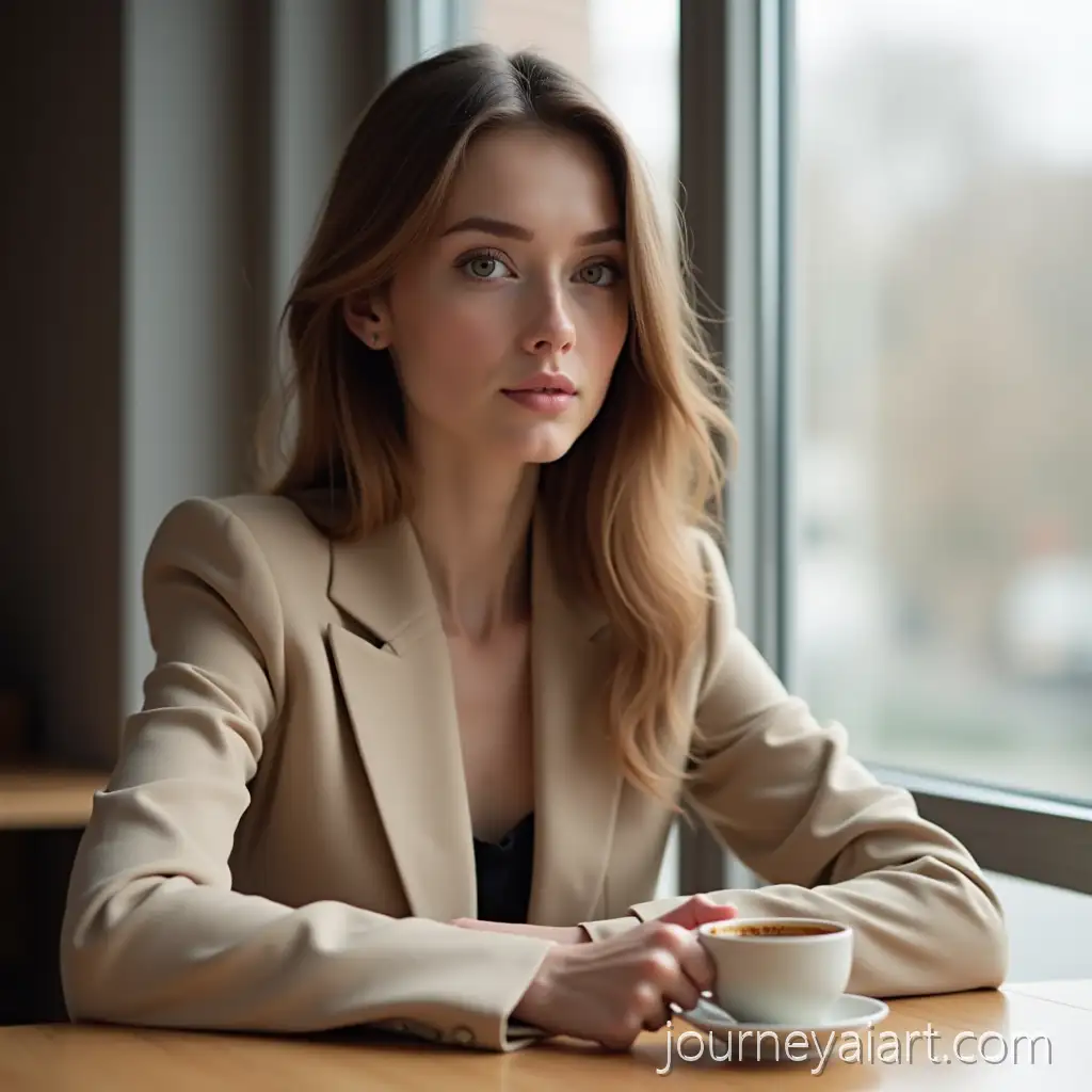Brunette-Woman-in-Beige-Suit-Sitting-by-Window-with-Coffee-and-iPhone