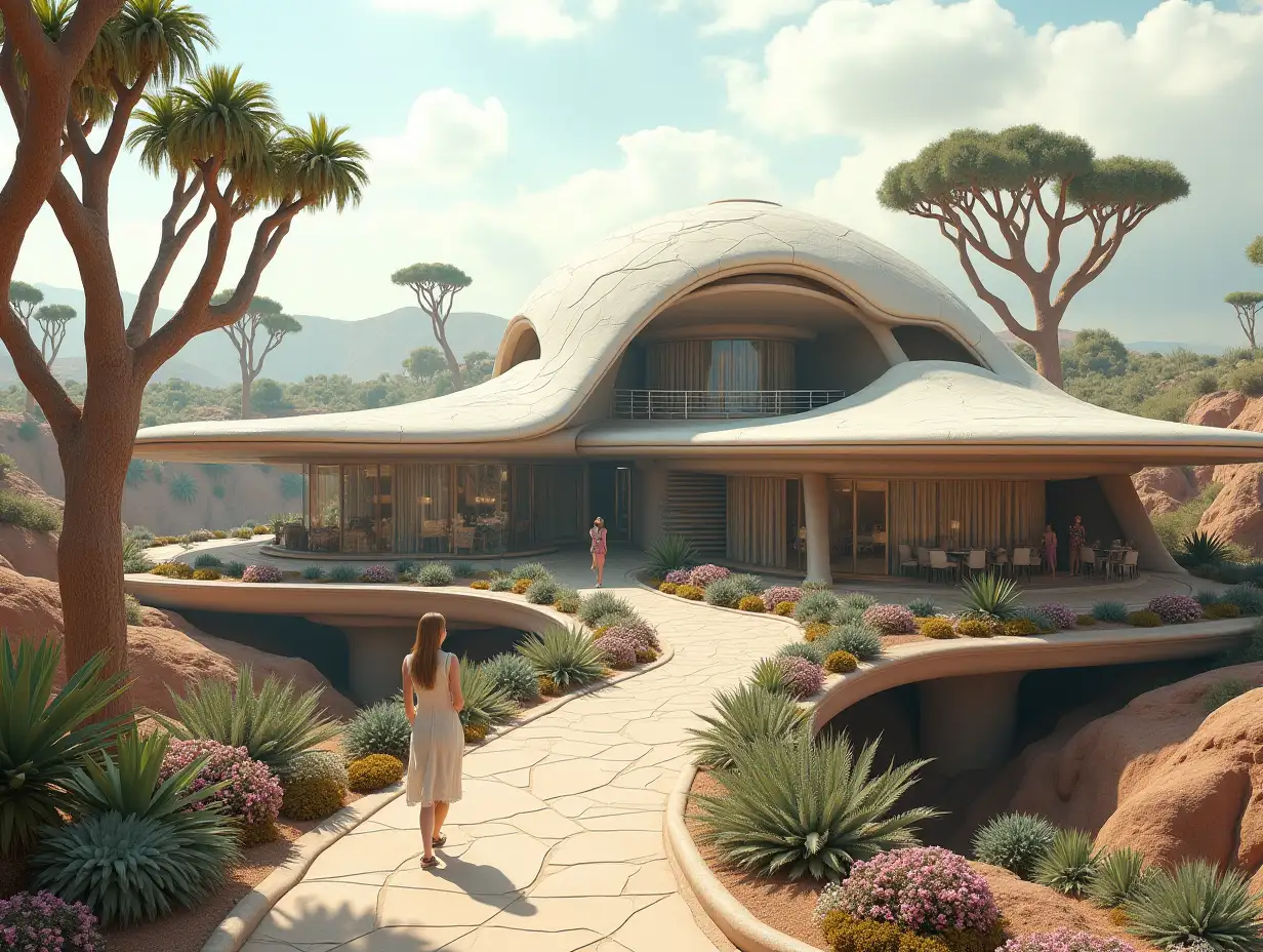 Create a high-resolution, realistic panorama image of a futuristic terrace building with window ufo house with bridge, one and one  with people, many plants and colorful flowers White and brown facades before the desert oasis, big trees, very cloudy sky