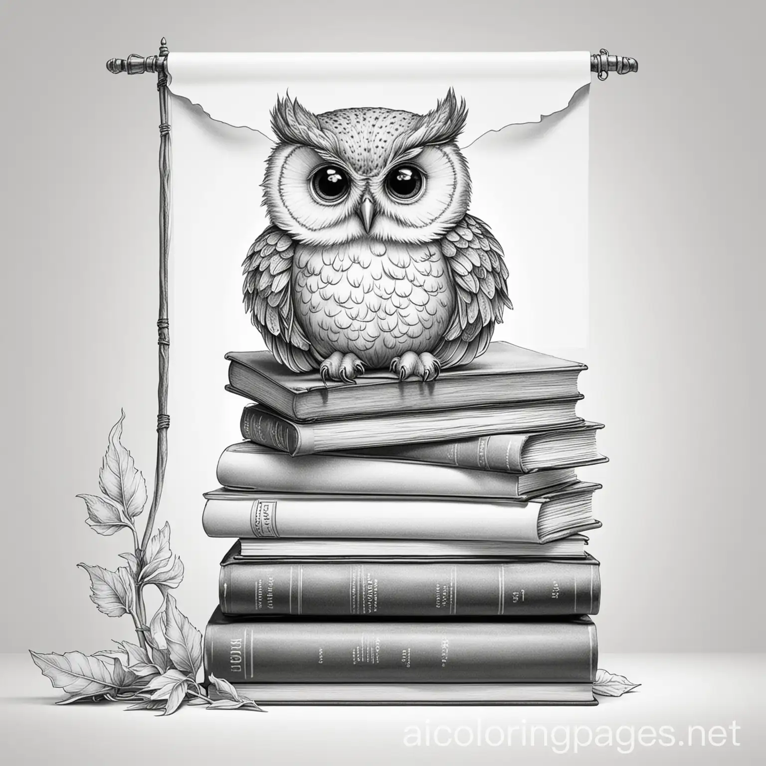 Small-Owl-Coloring-Page-on-Stack-of-Books-with-Banner-Black-and-White-Line-Art