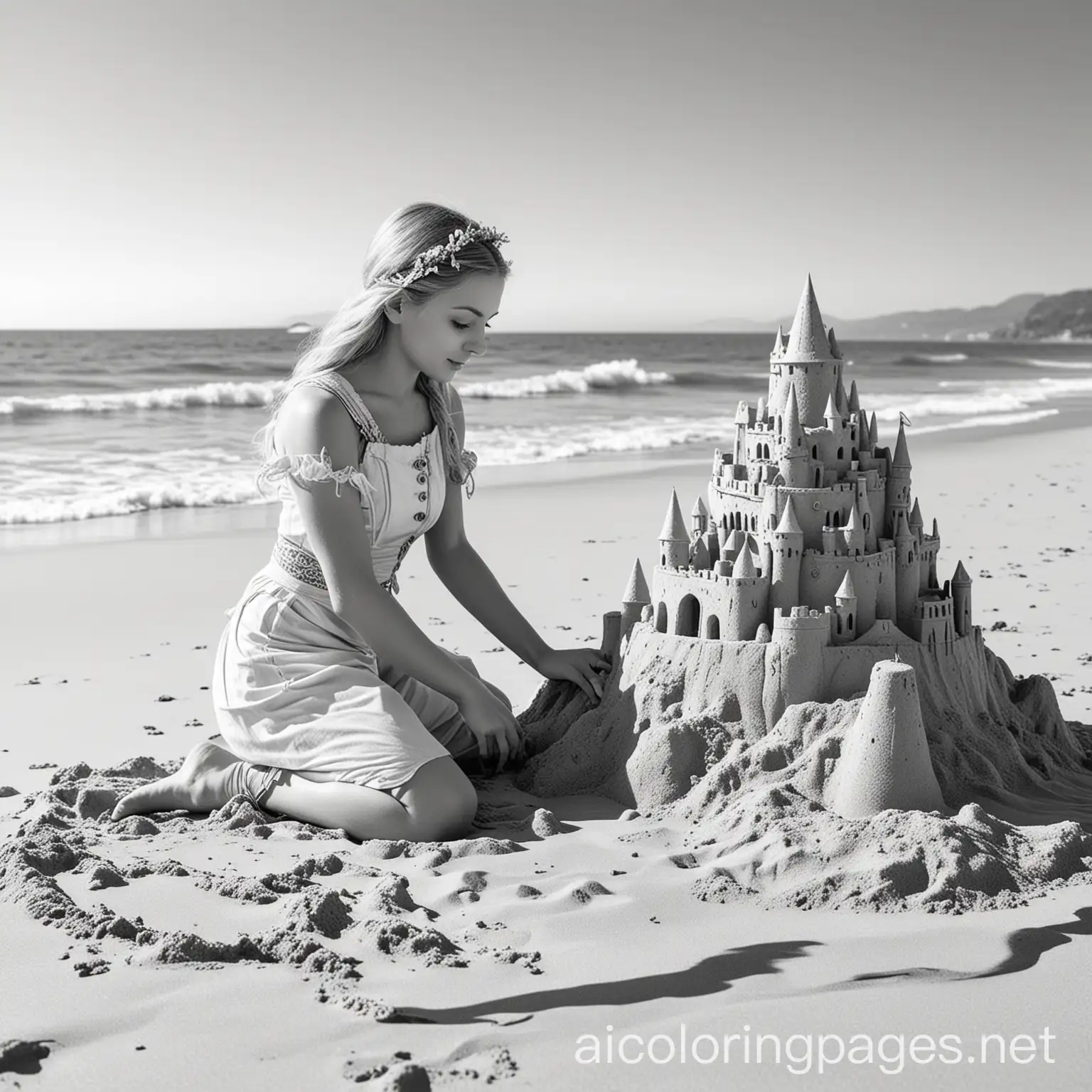 Young-Female-Elf-Building-Sandcastle-on-Beach-Coloring-Page