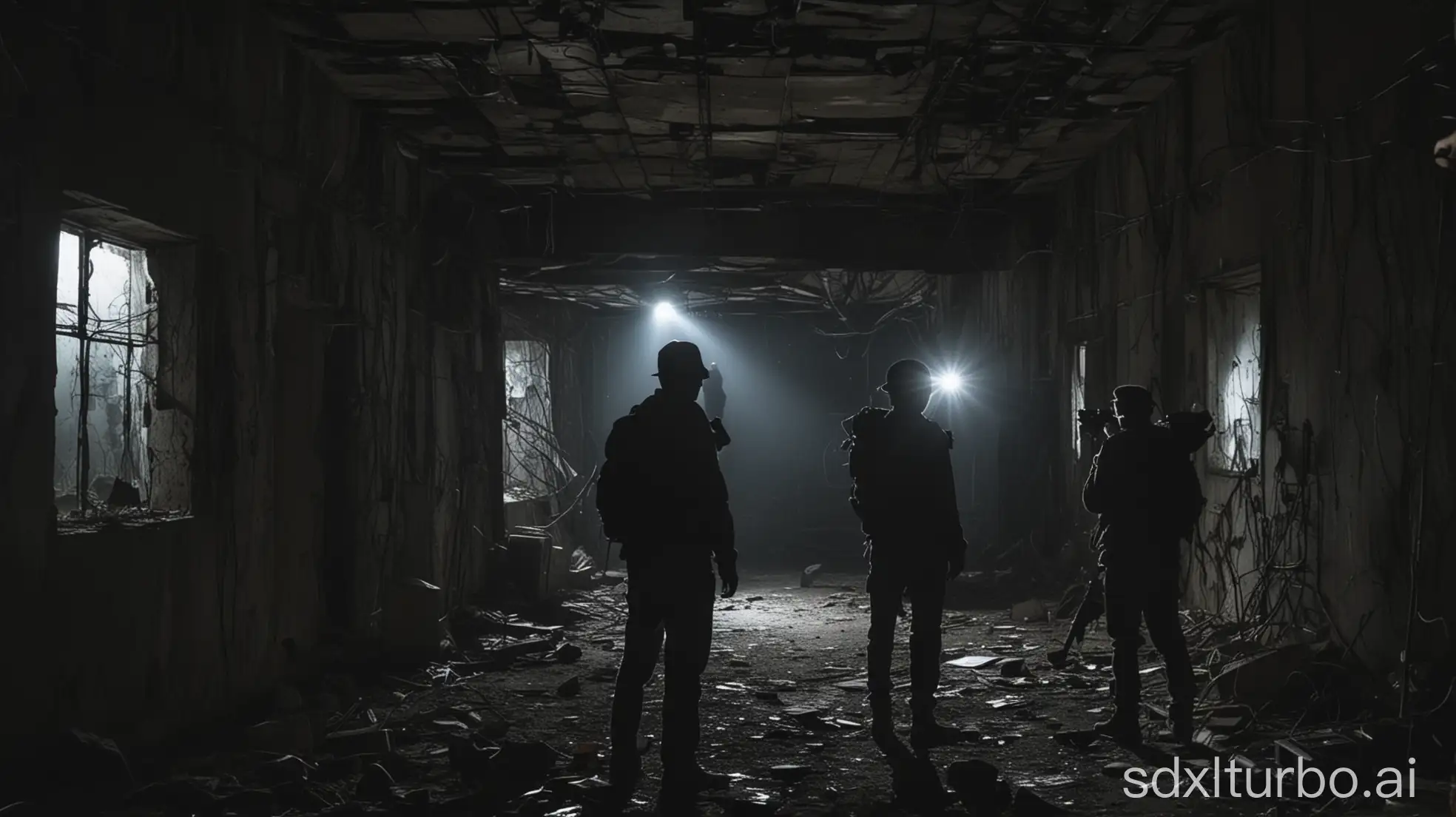 A photo showing three silhouettes exploring an abandoned place, with flashlights and cameras