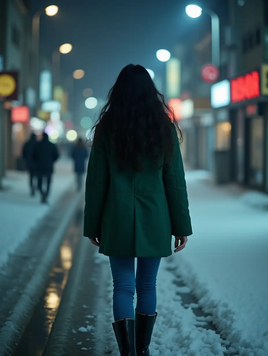 A woman, 50 years old, walking through iced Tokyo by night, city lights, long black hair, short green coat, blue jeans, black boots. She has brown eyes and her eyes are ice-cold.