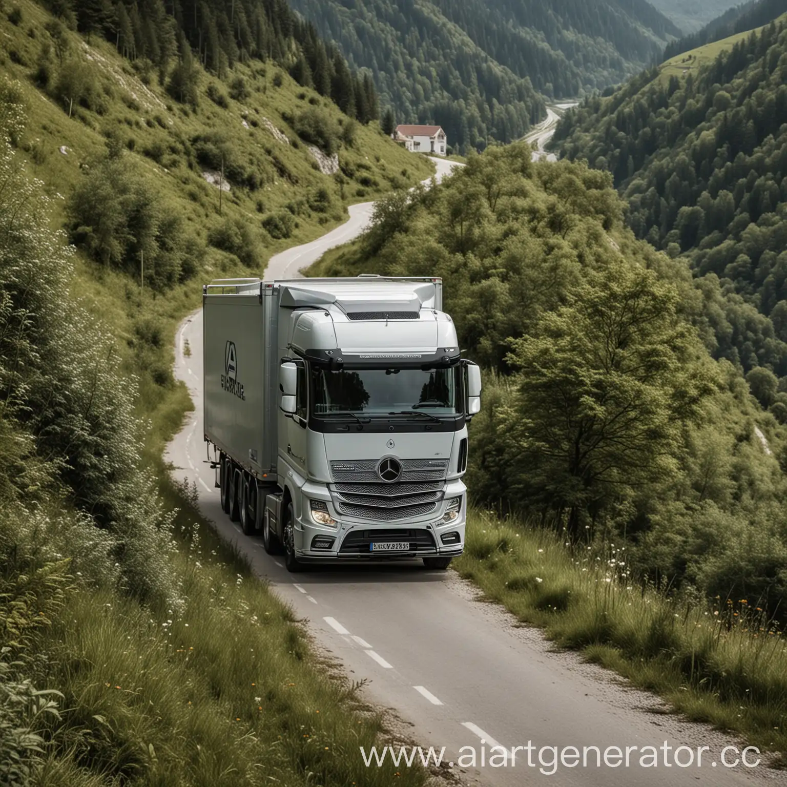 A Mercedes truck is carrying cargo through a picturesque area