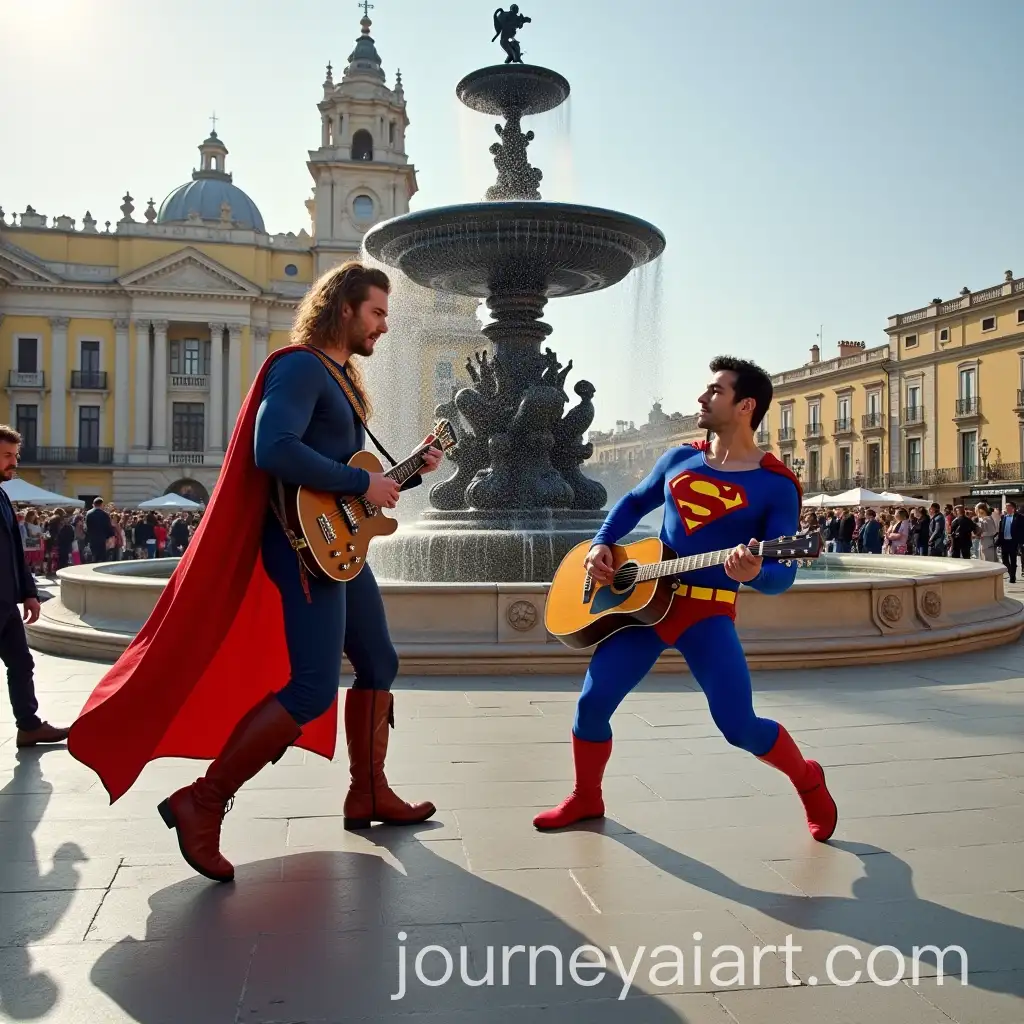 Superman-Dancing-Crazy-by-Triton-Fountain-in-Valletta-with-Puss-in-Boots-Playing-Guitar