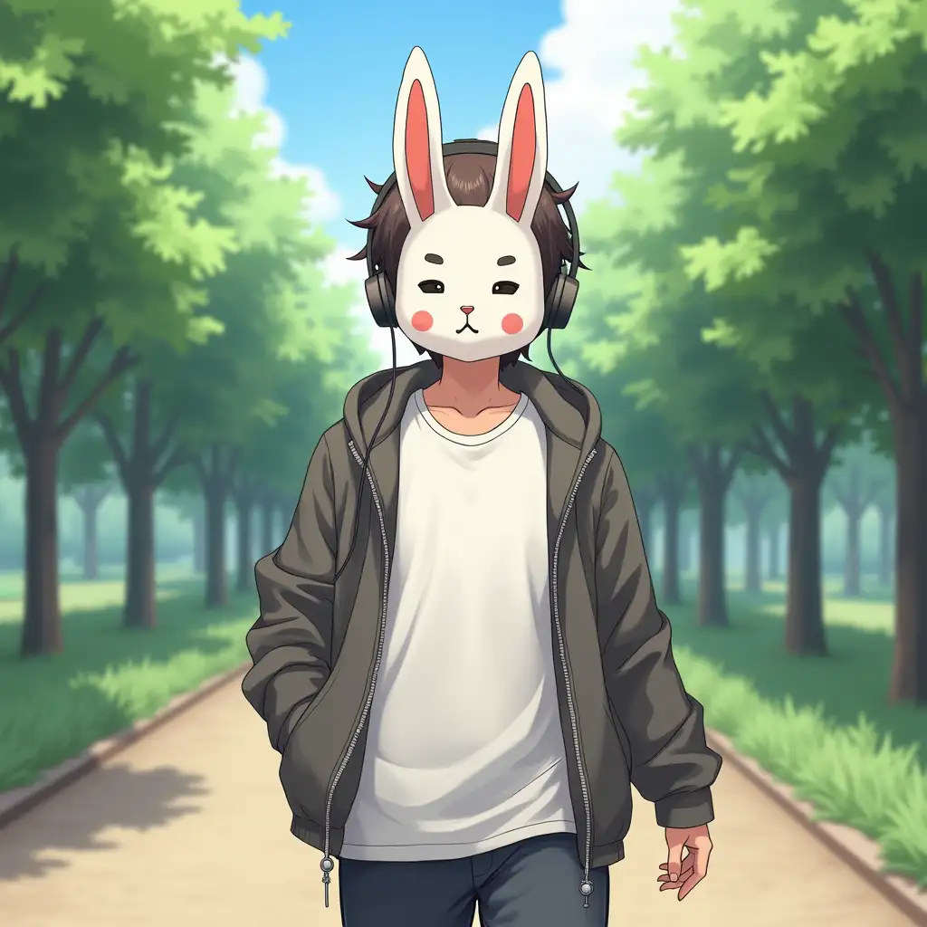 A boy in white t-shirt and a jacket. He is wearing a mask of a rabbit on his face. He is walking in the park. He is wearing headphones and listening to music. Anime style.