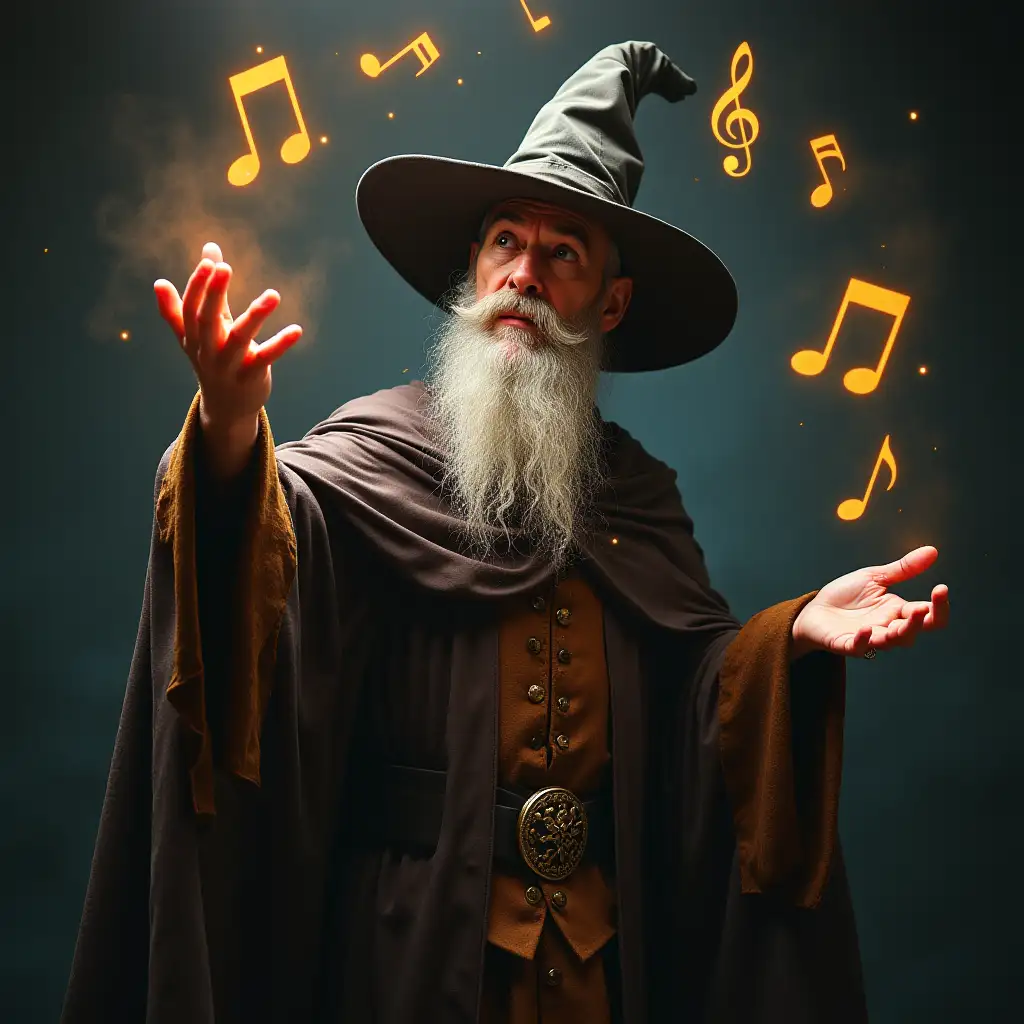 musical wizard casting a spell of musical notes in the air