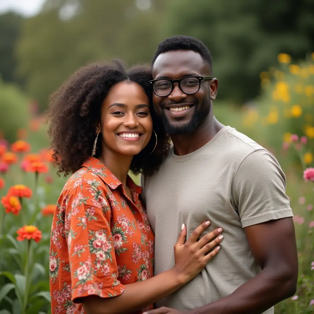 A very beautiful african woman and handsome african man both standing all in smiles having a happy moment in a garden of beautiful flowers