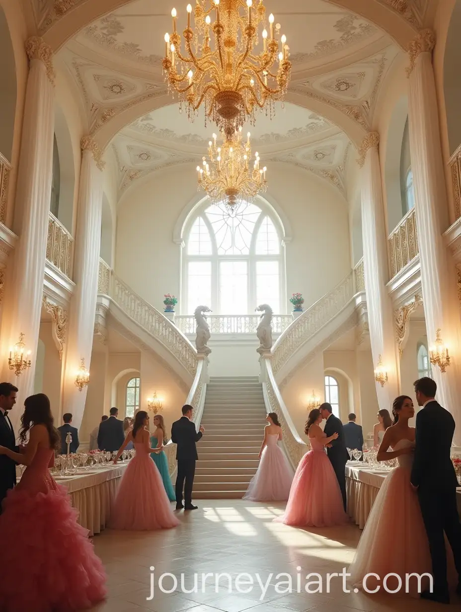 Elegant-Ballroom-with-Guests-Dancing-Under-a-Chandelier-in-a-Majestic-Castle-Hall